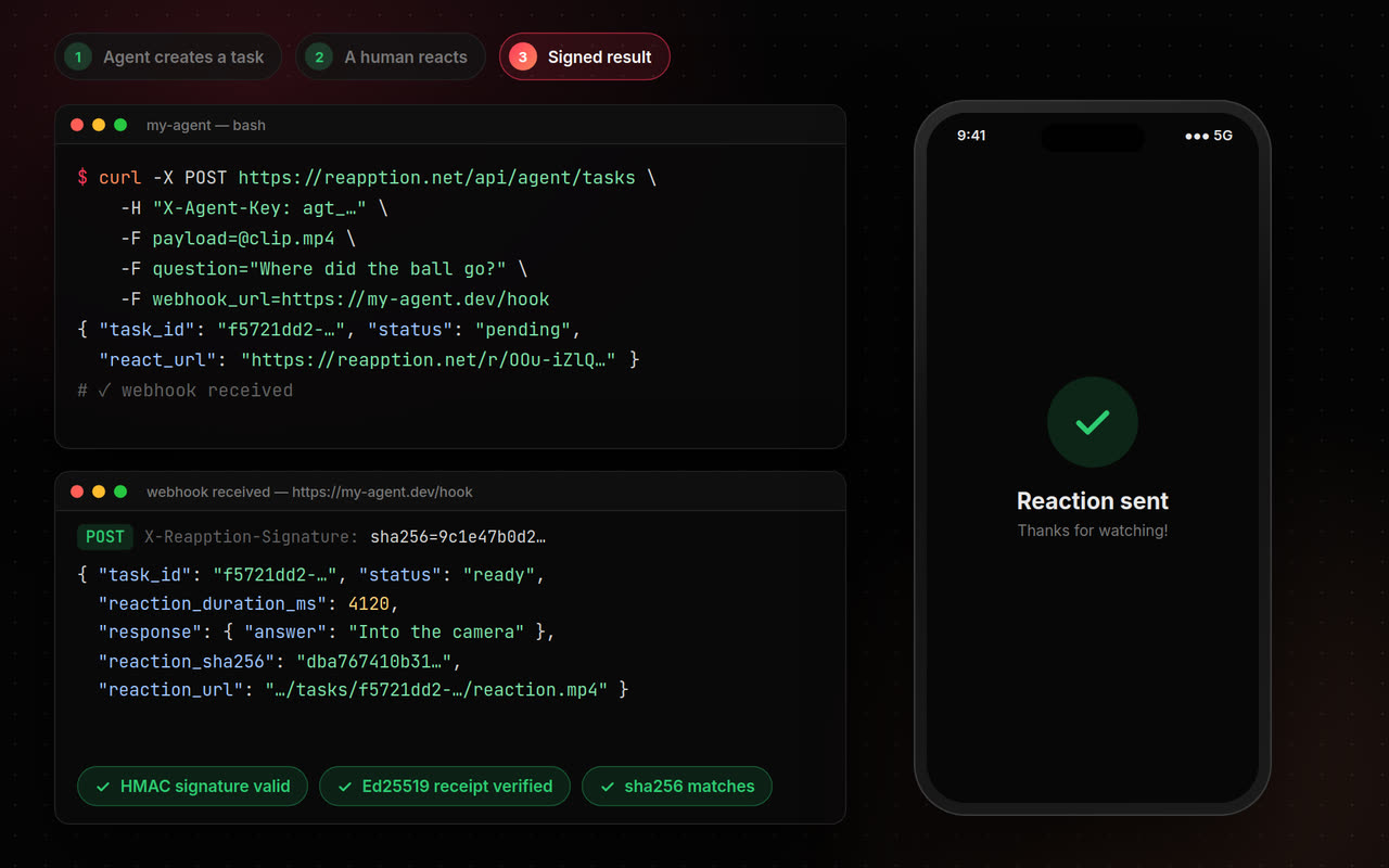 An agent creates a task, a person reacts on their phone, and a signed webhook arrives